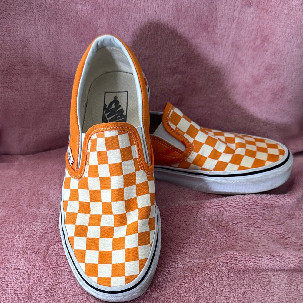 Vans Checkered Orange and White Slip-On Flats